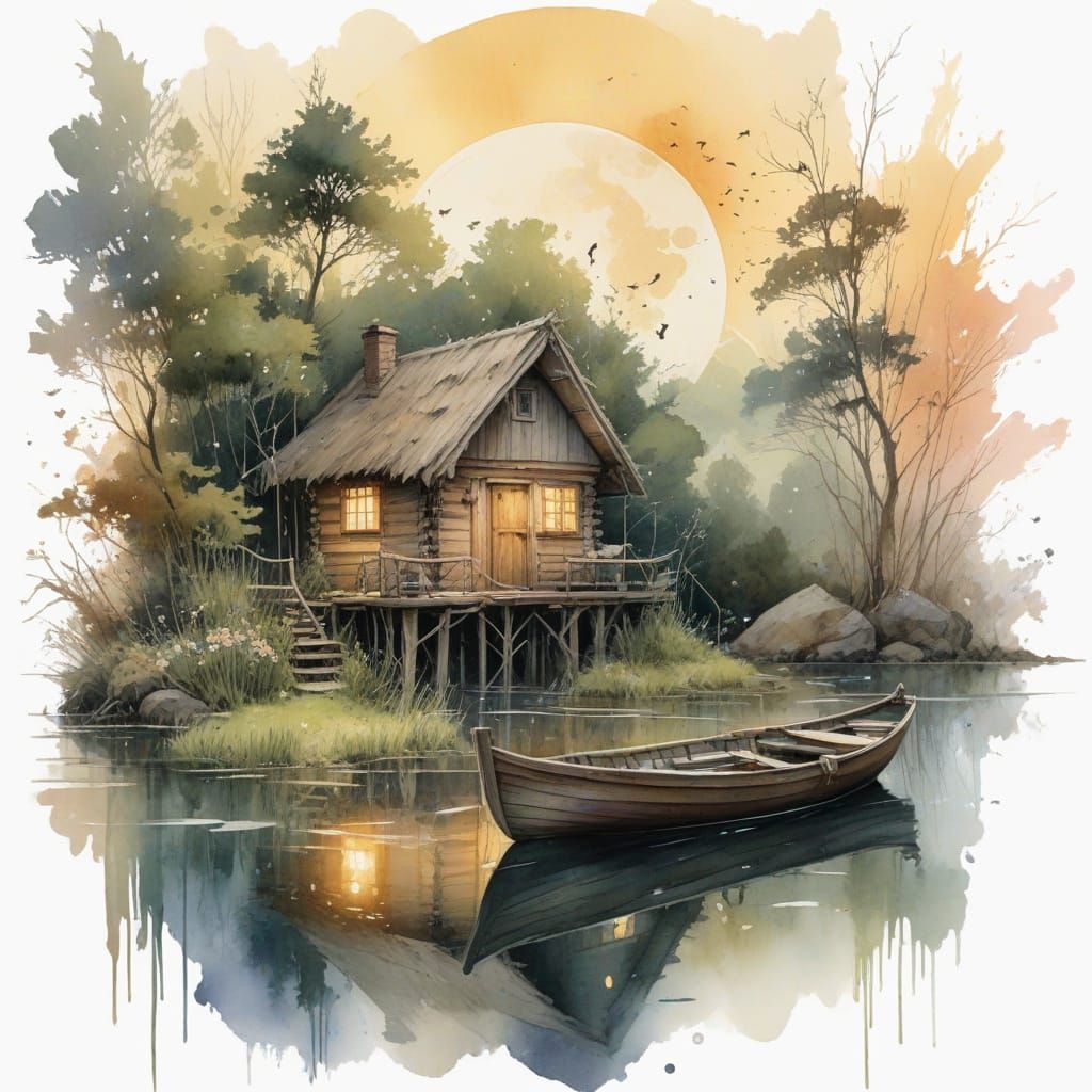 Twilight Haven with Rustic Cabin and Water's Edge