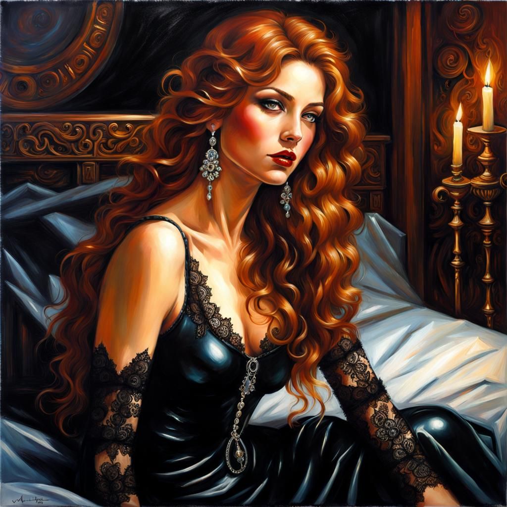 Beautiful Woman in Lingerie, Gothic Oil Painting