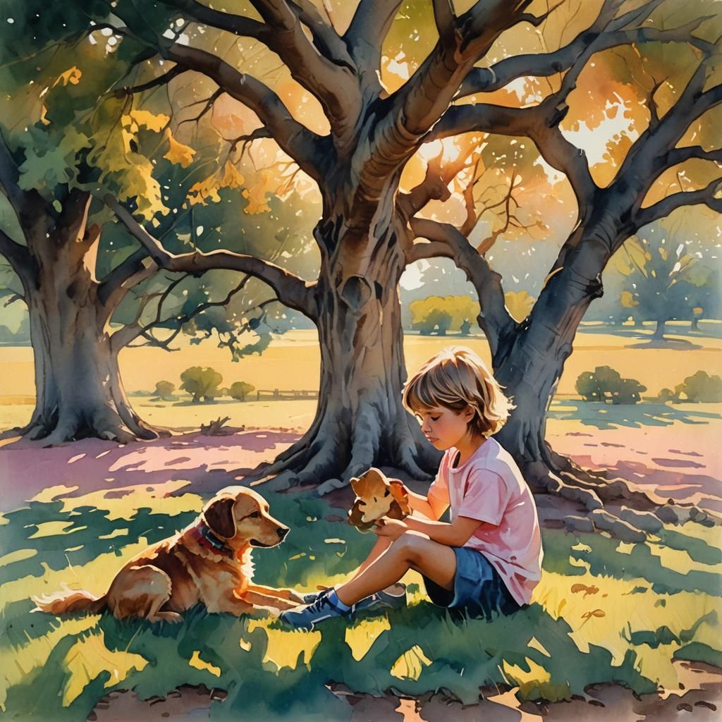 Child Petting Dog at Sunset in Gouache Style