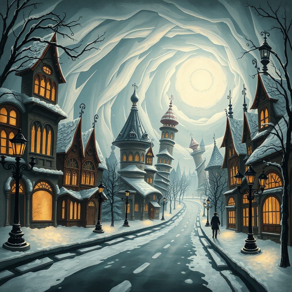 Whimsical Winter Cityscape in a Mystical Style