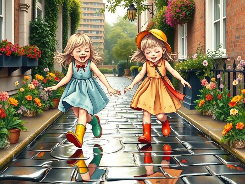 Whimsical Girls Splashing in Puddles in Golden Light