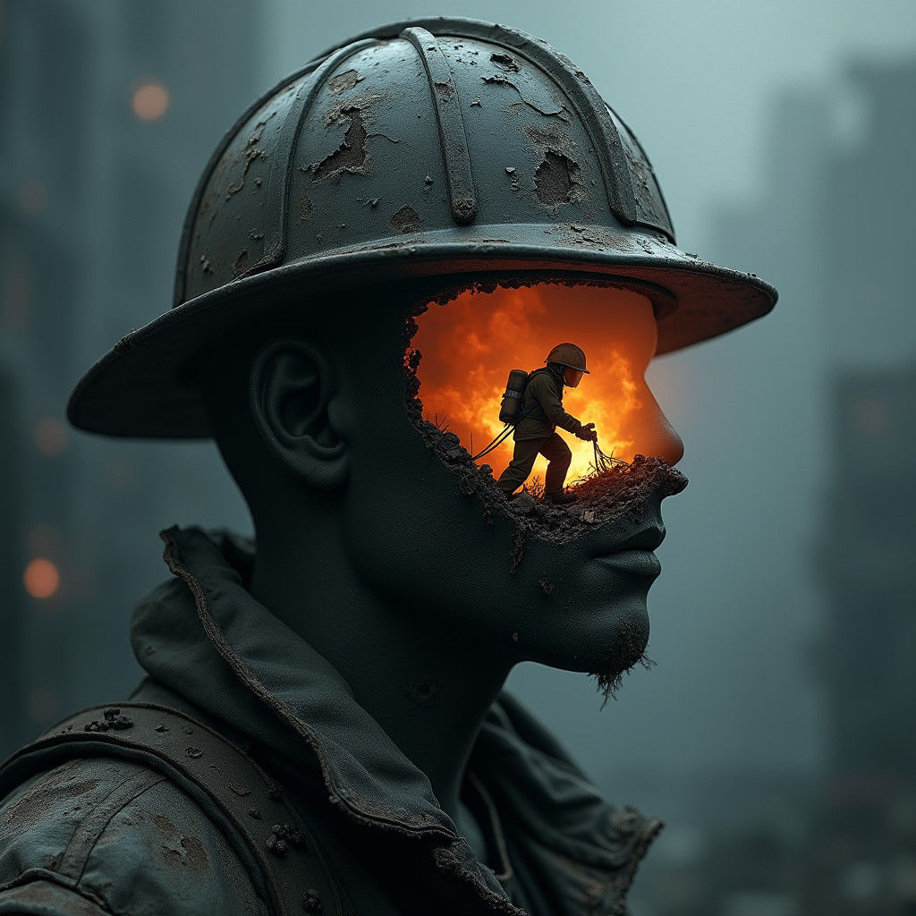 Rock Head Fireman Helmet: Gritty Digital Matte Painting