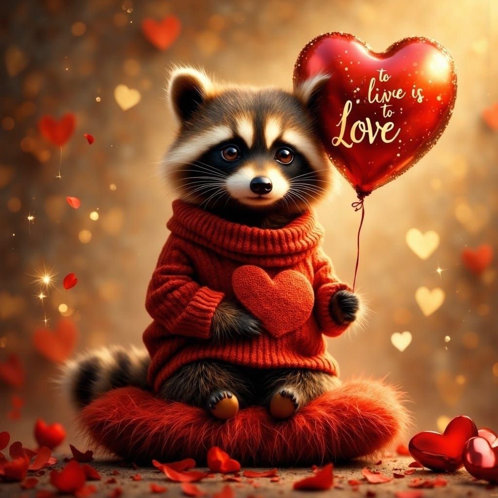 Whimsical Raccoon Embodies Love in Vibrant, Dreamlike Scene