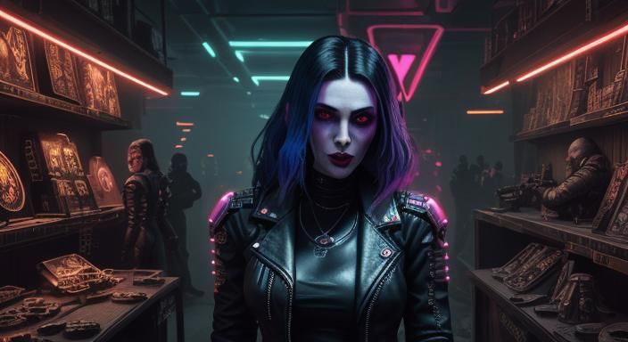 Cyberpunk Lady Vampiress in Neon Lit Shop