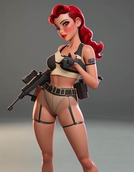 Pin-Up Woman Poses with Machine Gun in CGI