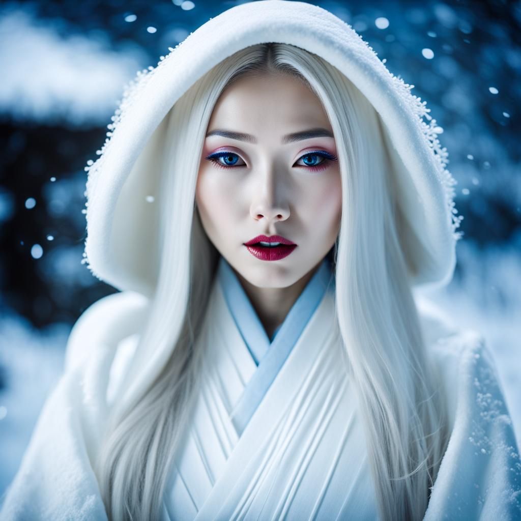 Beautiful Yokai Woman in Snow, Traditional Kimono