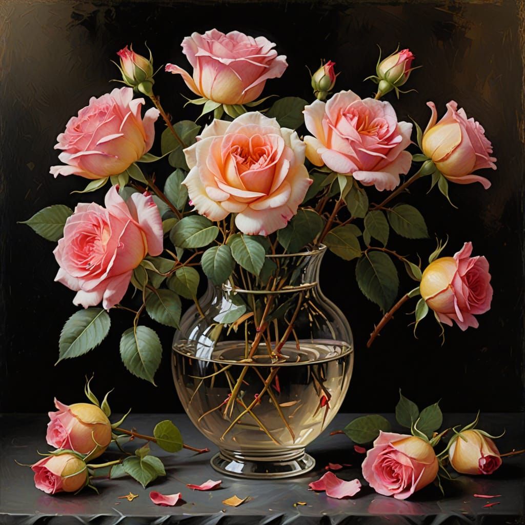 Red and Pink Roses in Vase, Impressionist Oil Painting