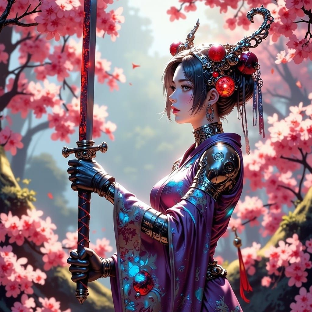 Biomechanical Geisha Warrior in Steampunk Style