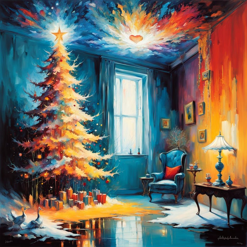 Surrealist Christmas Tree Oil Painting with Dreamlike Winter...