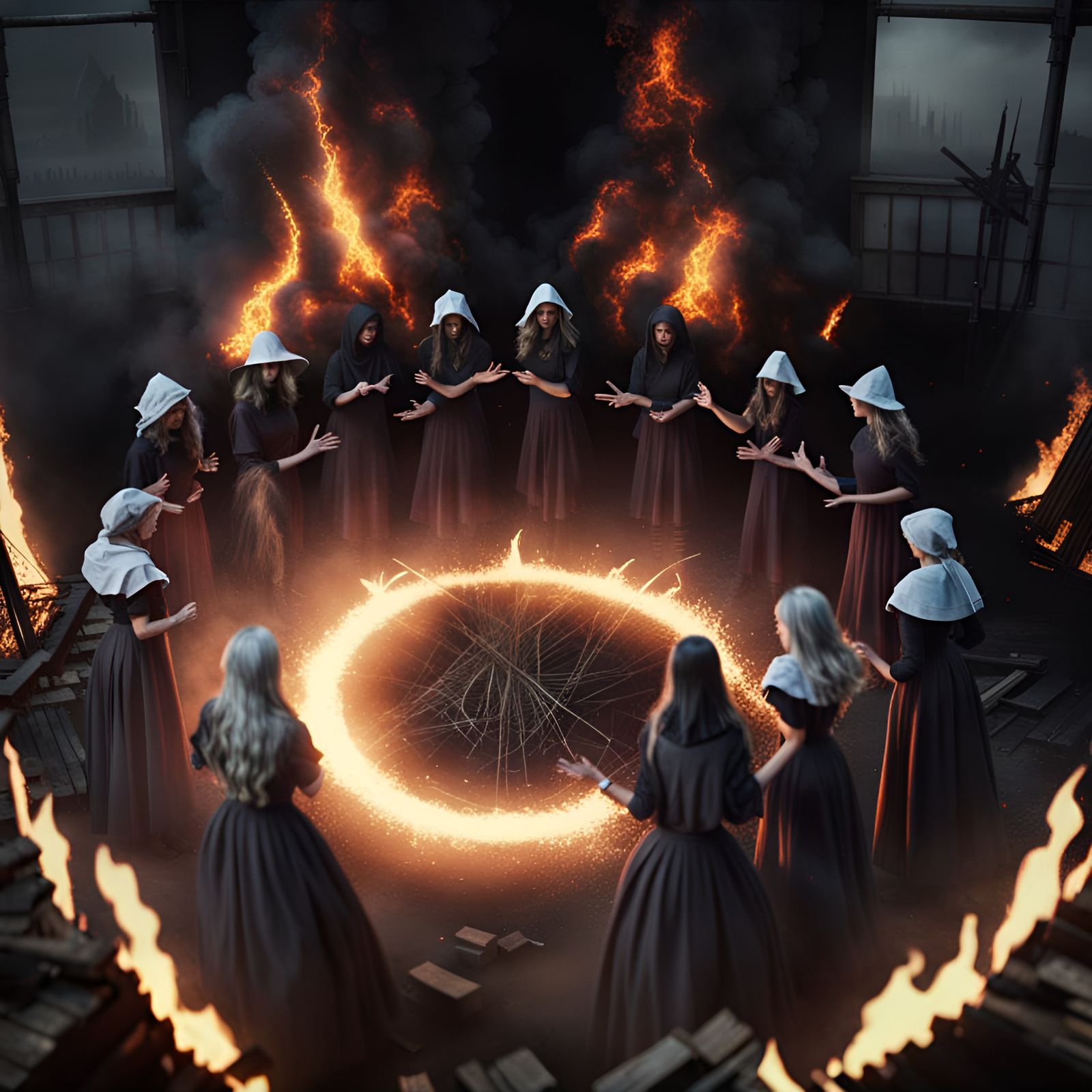 Witches Circle Bonfire Spell in Dark Fantasy Style