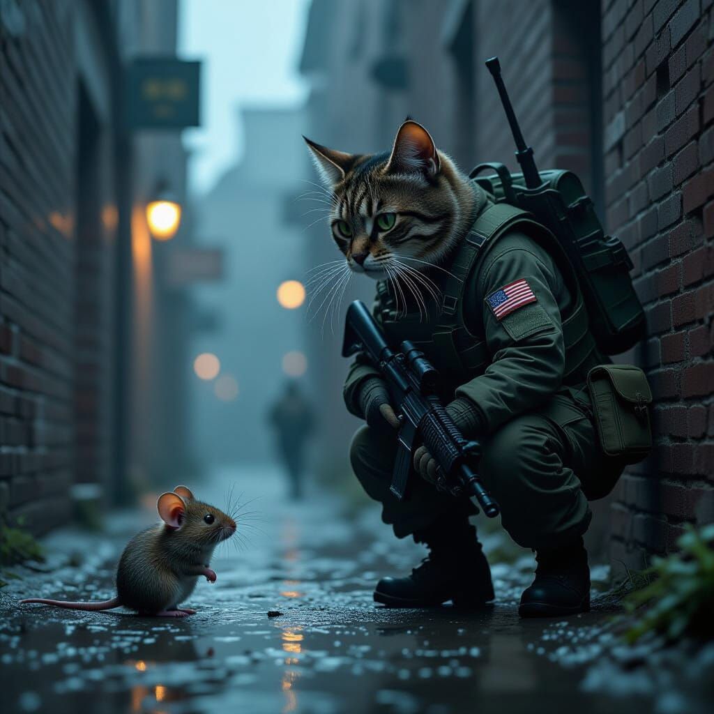 Dystopian Cat Soldier Stalking Mouse in Alleyway