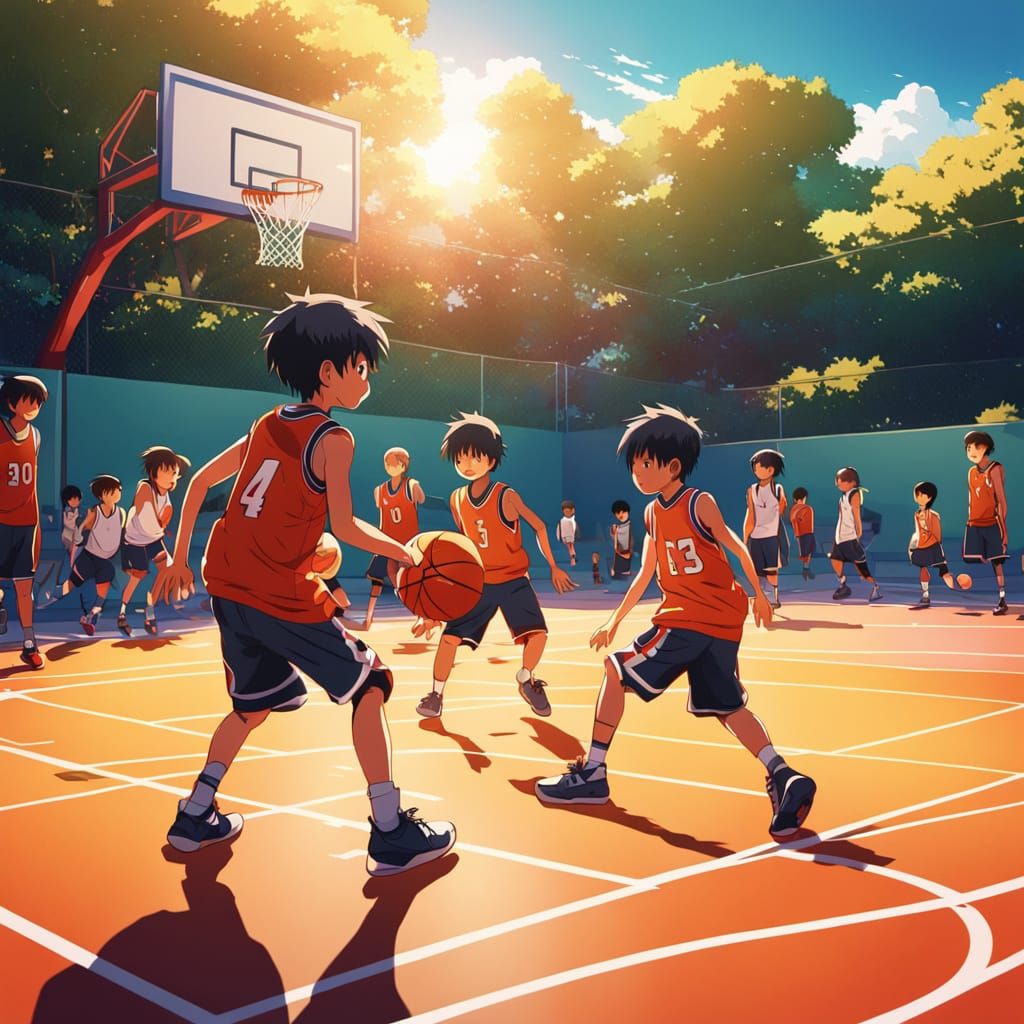 Children Play Basketball: Vibrant Manga Style