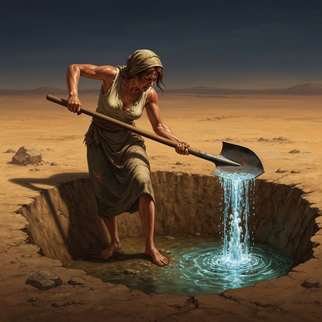 Woman Discovers Water in Desert, Painterly Style