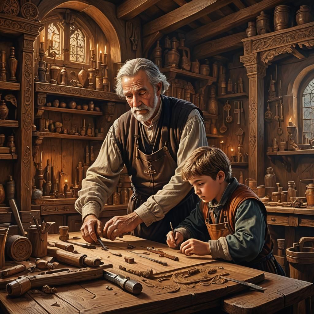 Medieval Master and Apprentice Carpenters at Work