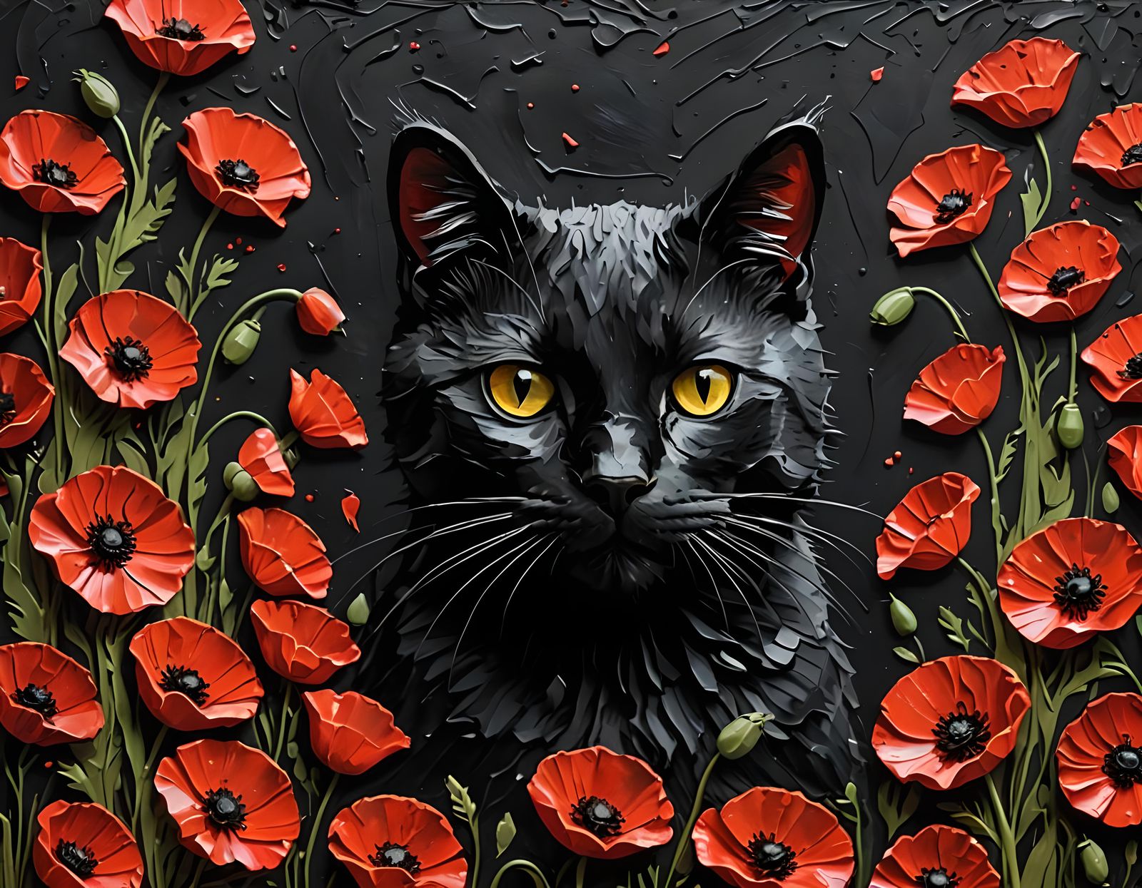 Black Cat with Red Poppies as Impasto Painting