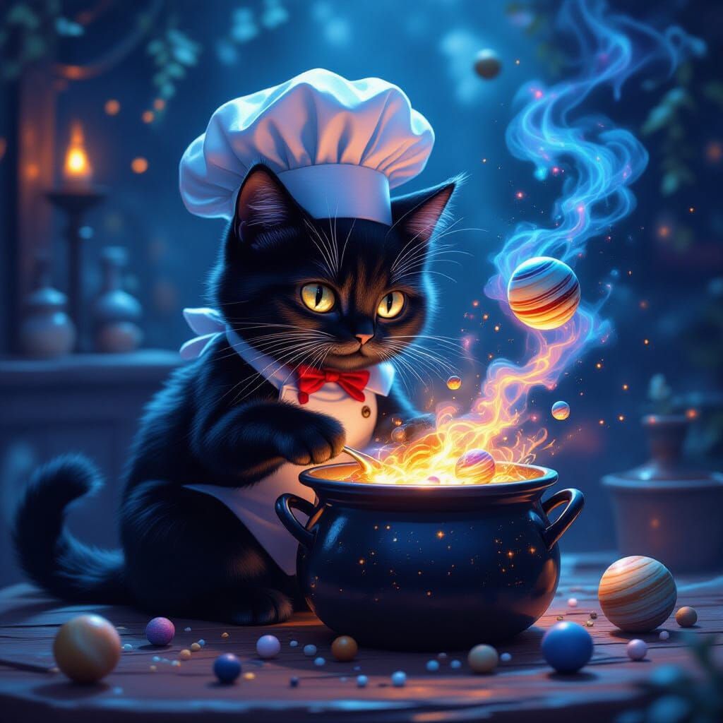 Cosmic Chef Cat Stirring Nebula Pot, Digital Art