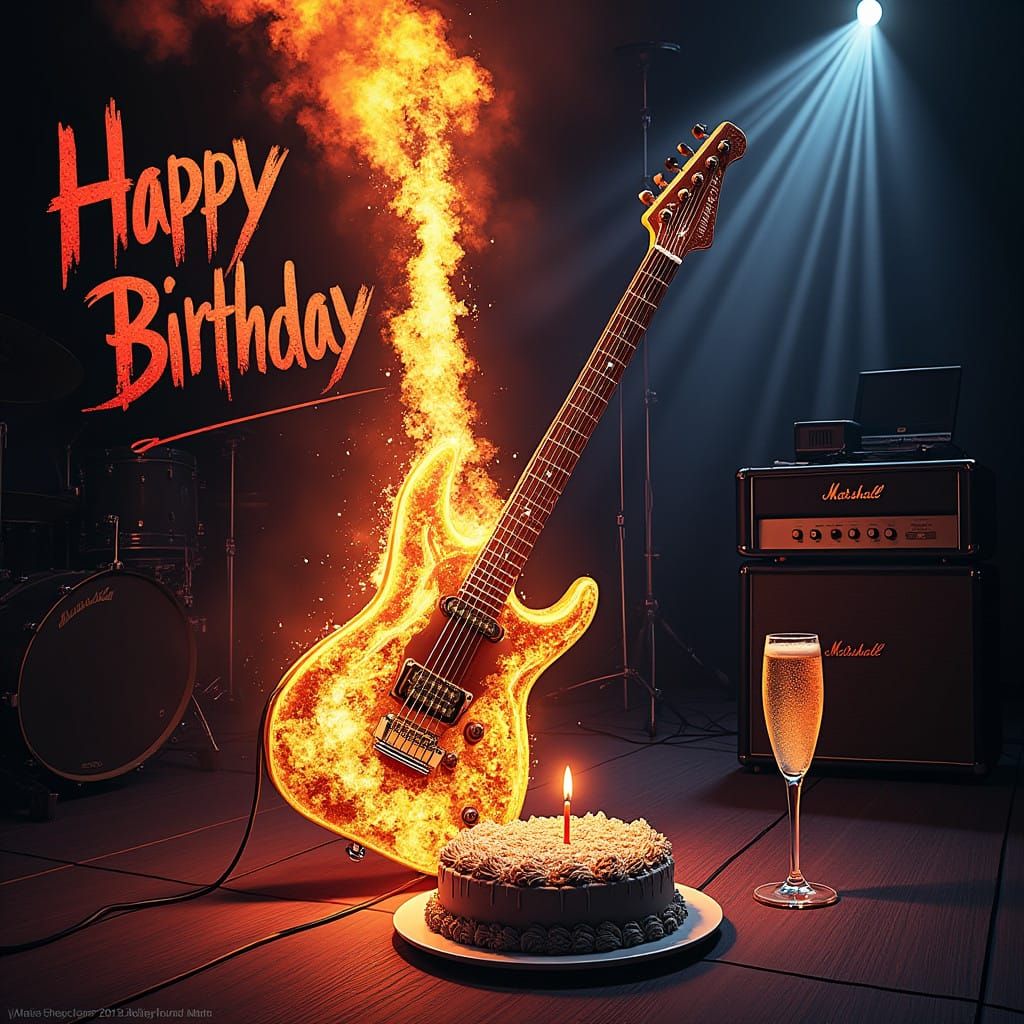 Graffiti Birthday Message Above a Flaming Electric Guitar