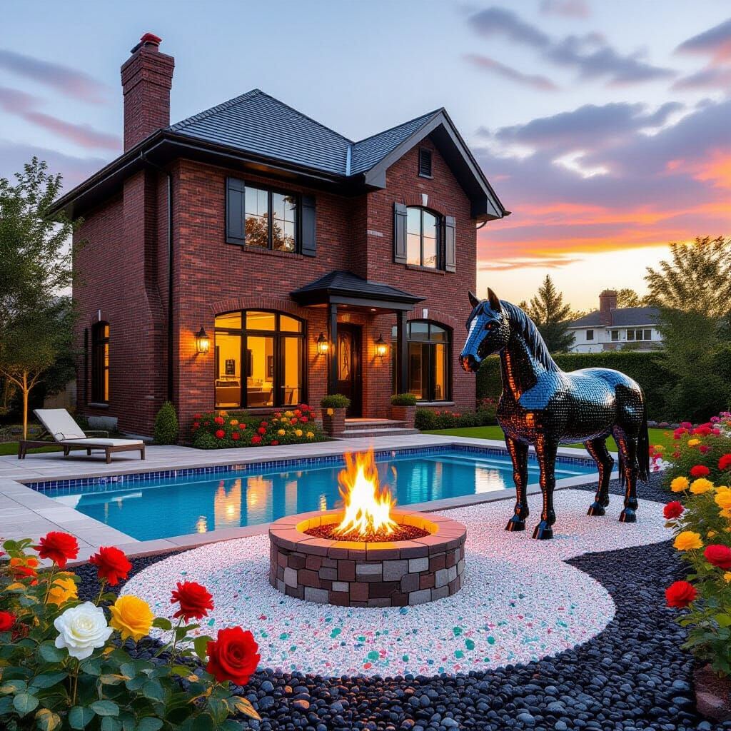Crushed Glass House with Pool and Horse
