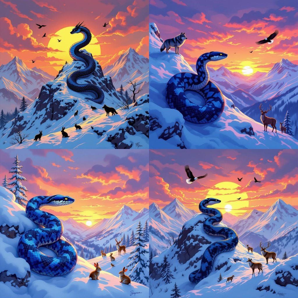 Blue Snake Climbs Snowy Mountain at Sunset