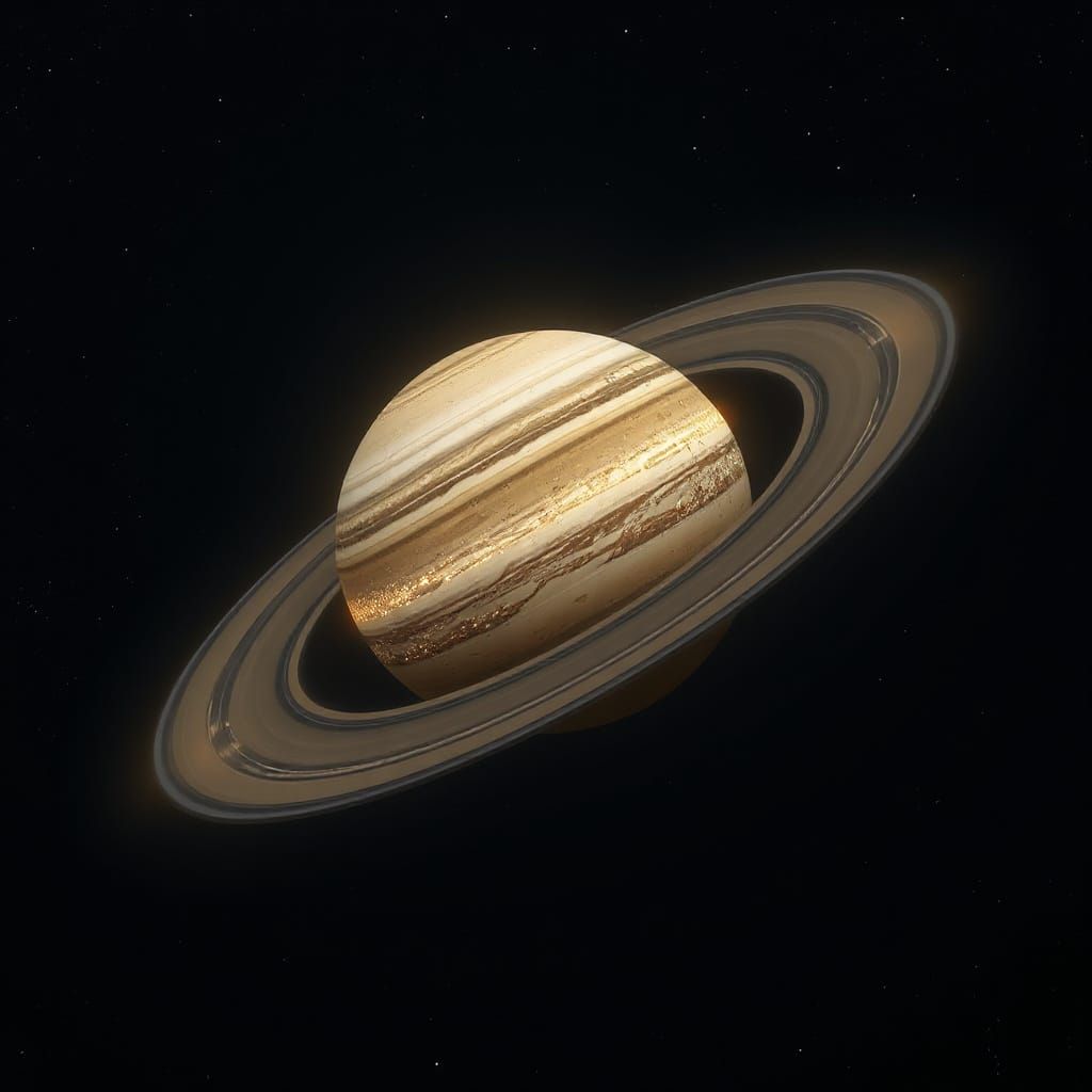 Ringed Planet in Deep Space with Golden Rings