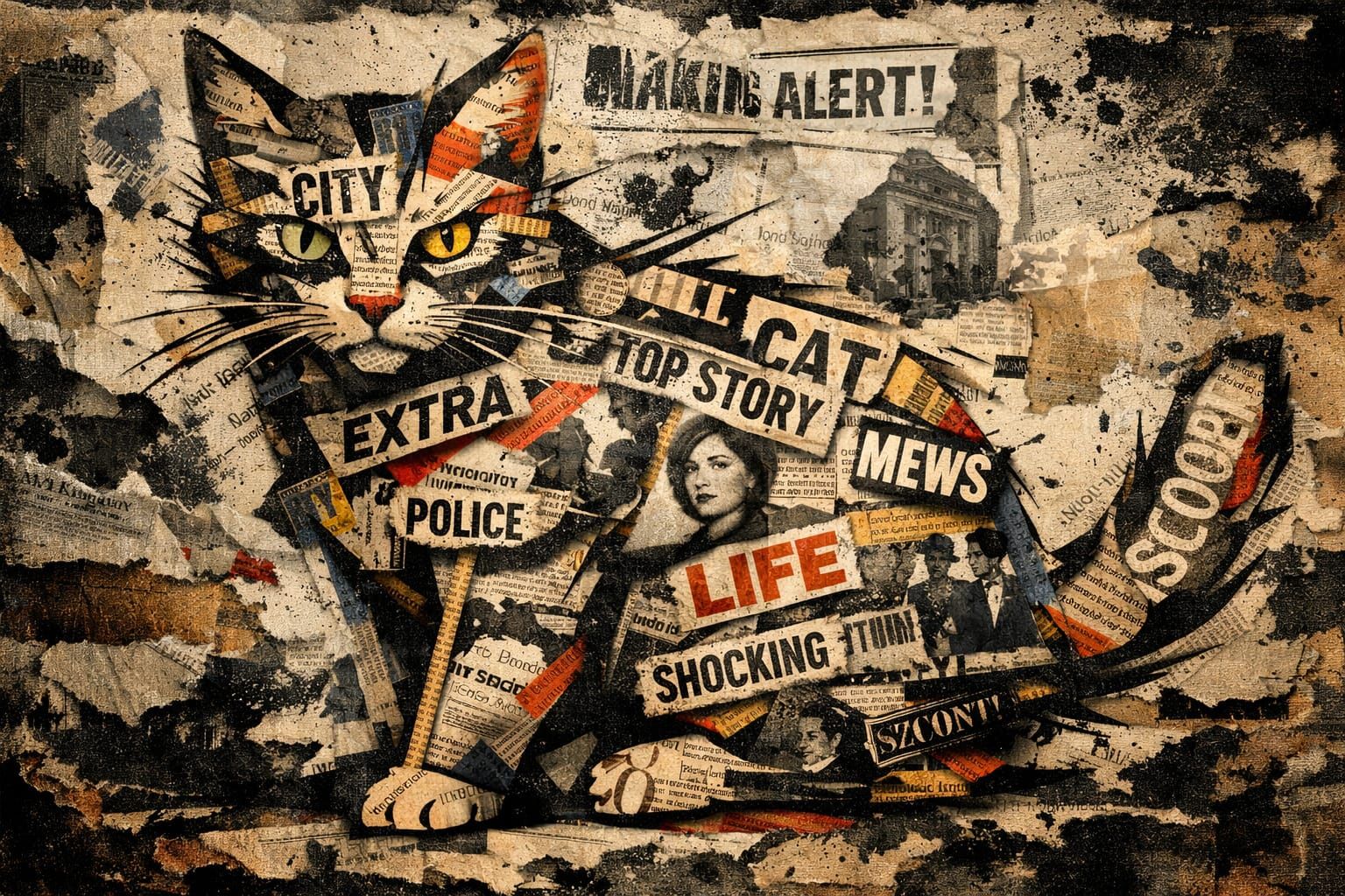 Vibrant Newspaper Collage Cat Art