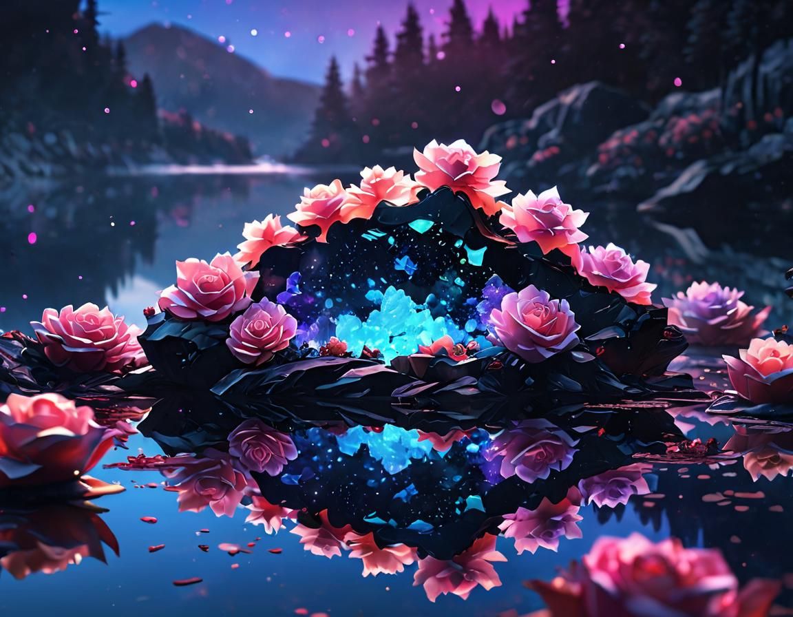 Crystal Geode on Reflective Lake in Watercolor