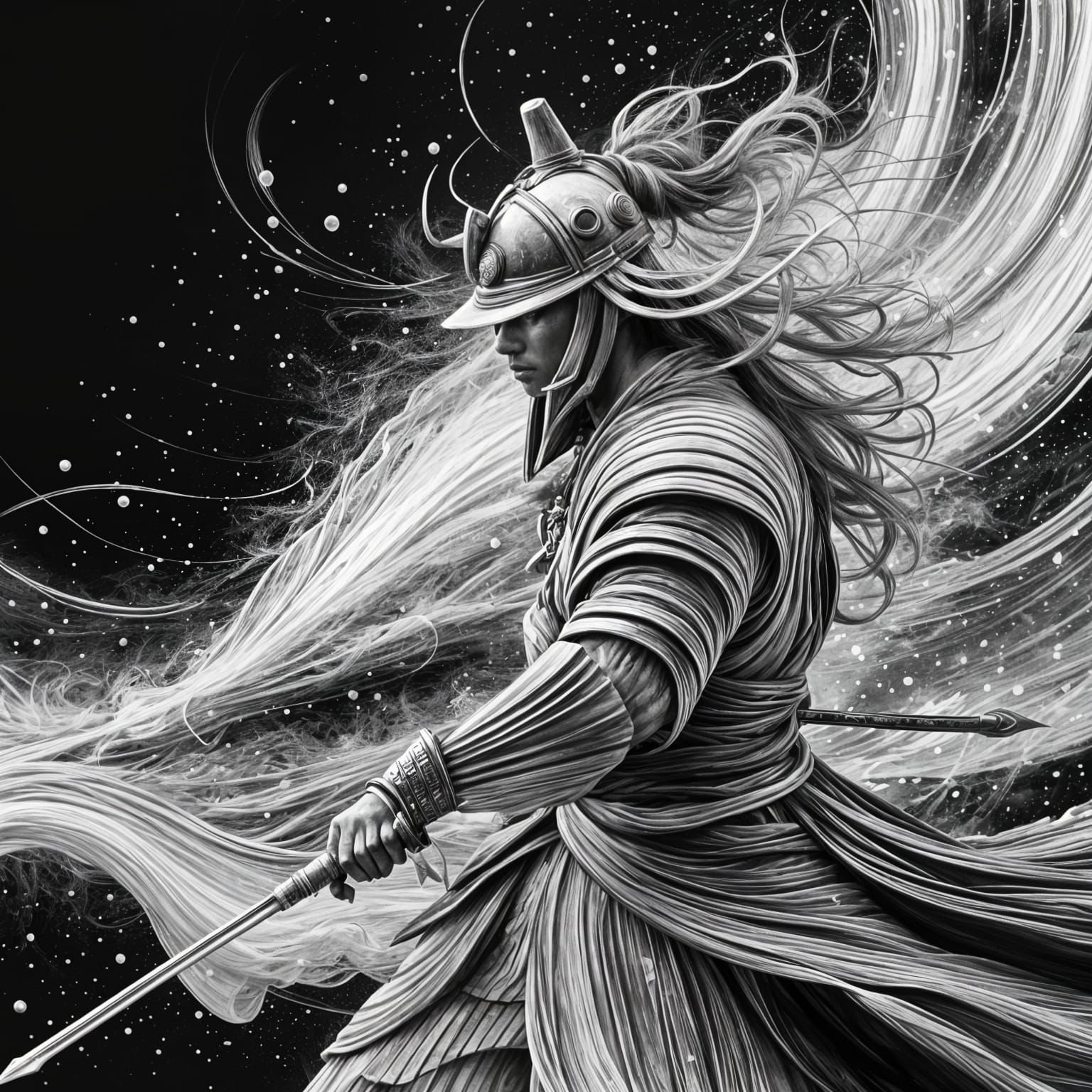 Epic Samurai Warrior with Katana in Pen and Ink