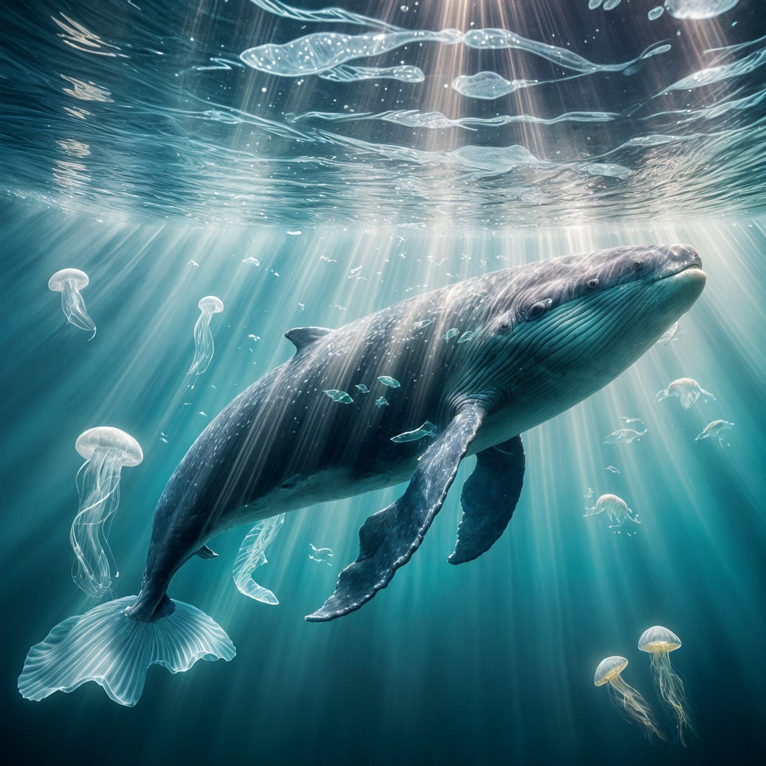 Glowing Glass Whale in Sunlit Ocean