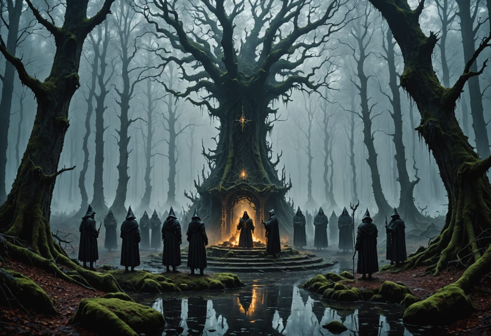 Dark Elves Perform Ritual at Magical Well in Foggy Forest