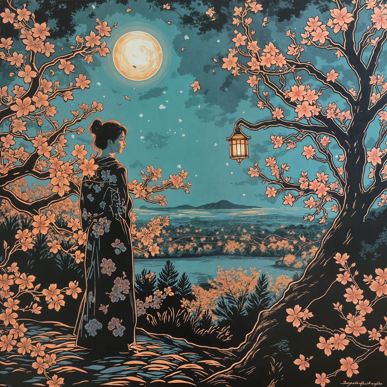 Dreamlike Night Landscape in Traditional Japanese Style