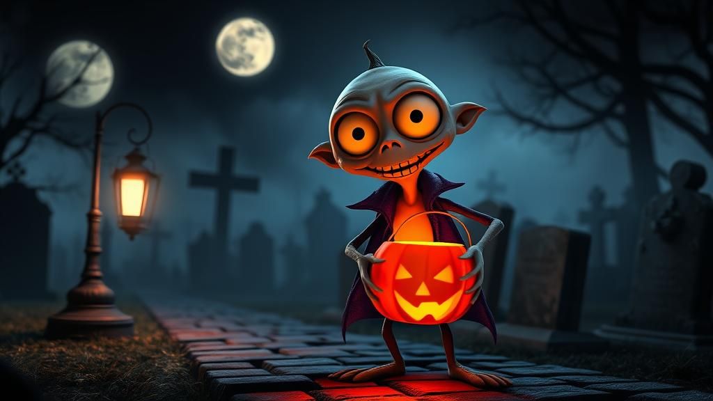 Spooky Halloween Character in Graveyard, Gothic Style