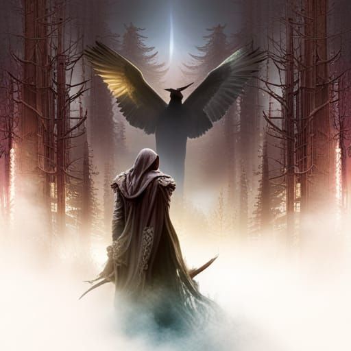 Majestic Antlered Figure in Mystical Forest