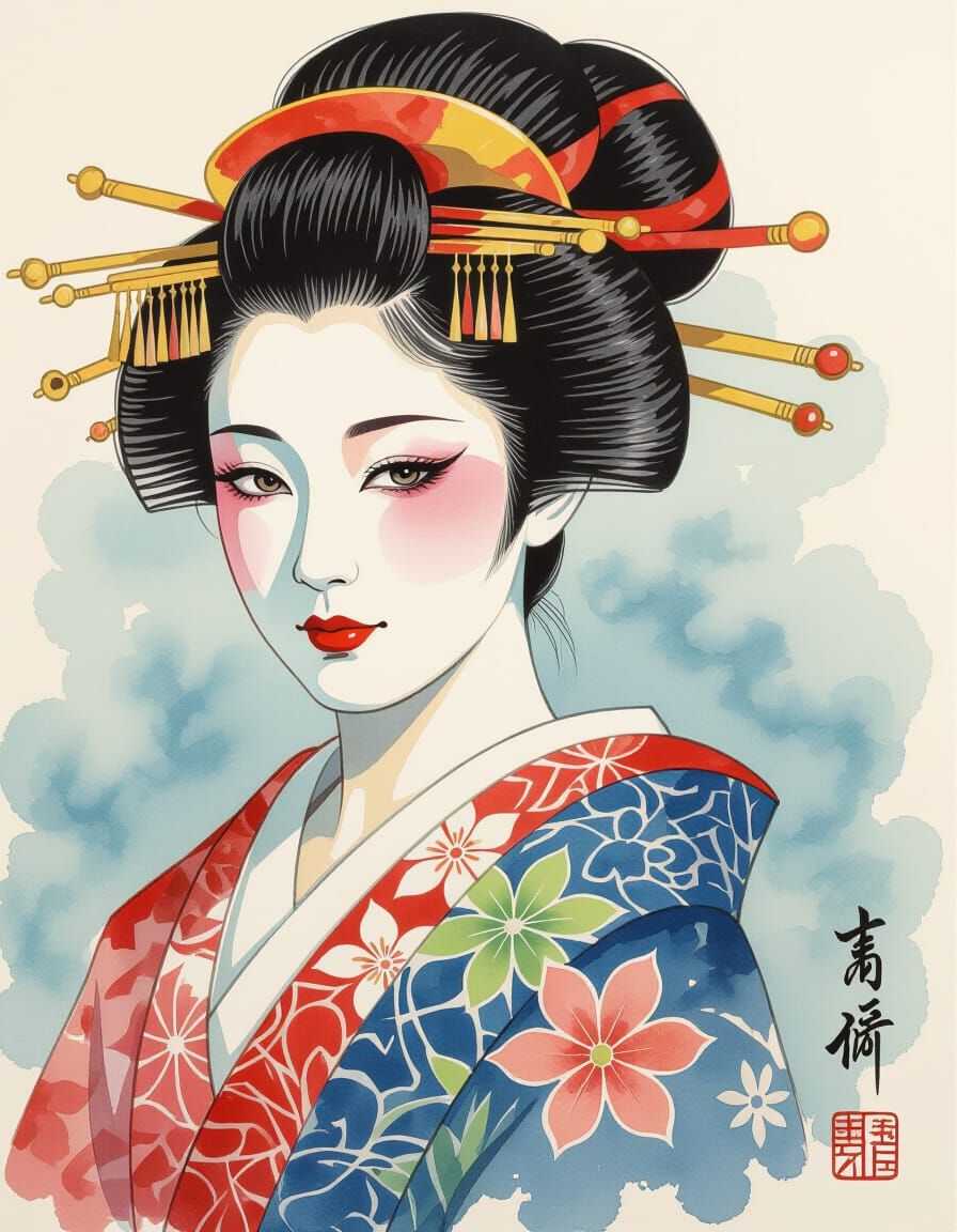 Elegant Kabuki Actress in Watercolor Style