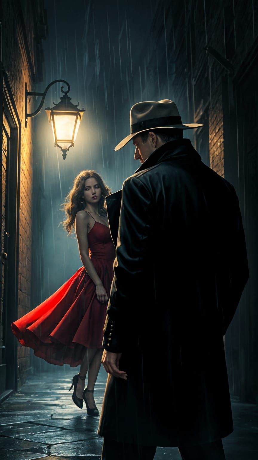 Noir Detective Meets Femme Fatale in Rainy Alley