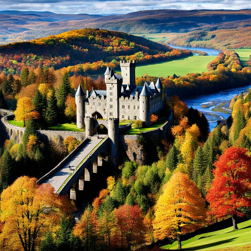 Stained Glass Window of Autumn Castle Scene