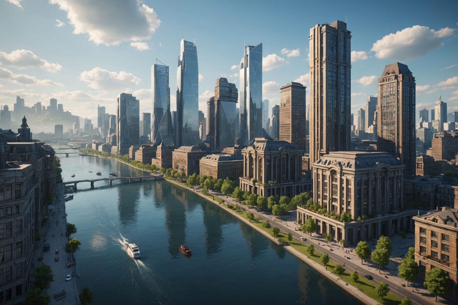 Cityscape View with Modern Buildings in Matte Painting Style