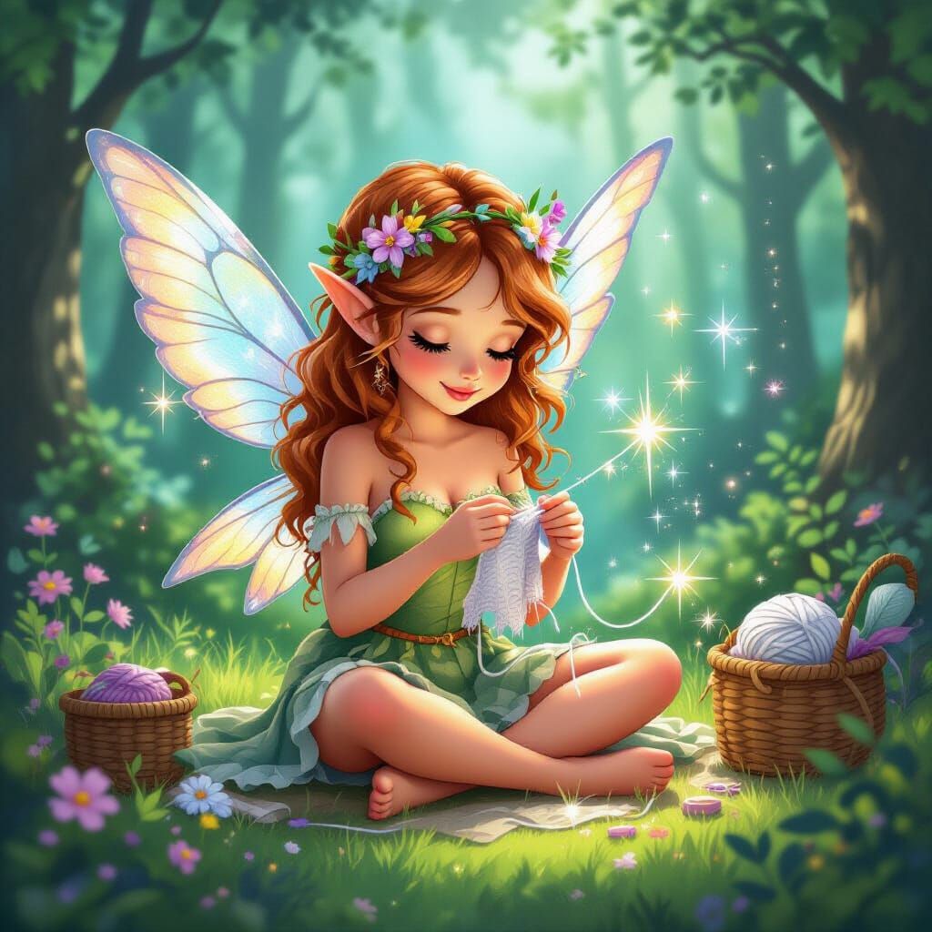 Magical Fairy Crocheting Sparkles in Enchanted Forest
