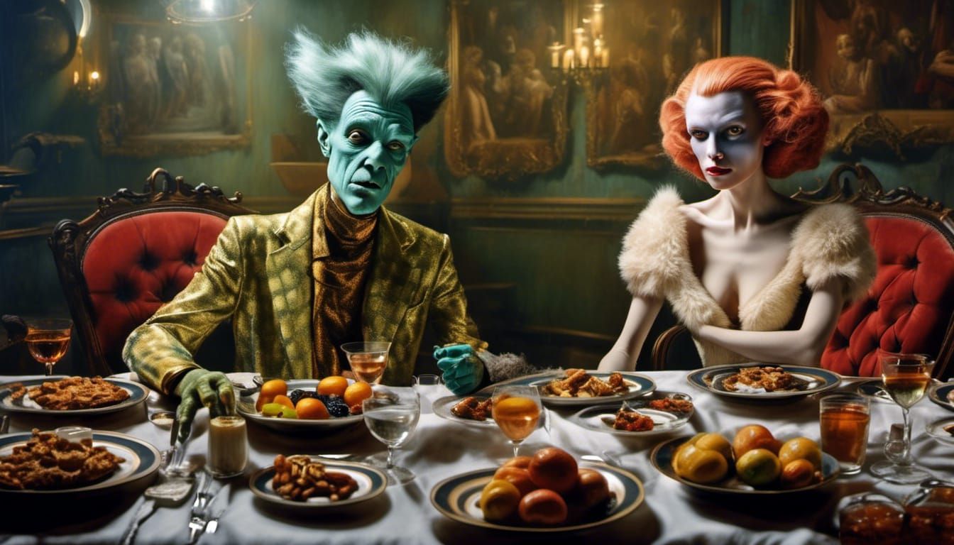 Smiling Aliens Celebrate at Futuristic Party