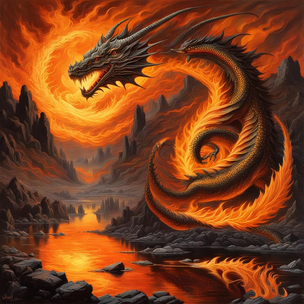 Luminescent Fire Dragon in Dark Romantic Style