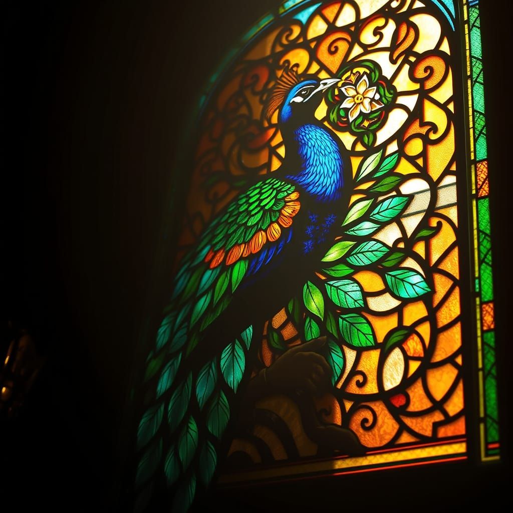 Radiant Peacock Stained Glass Window in Sunlight