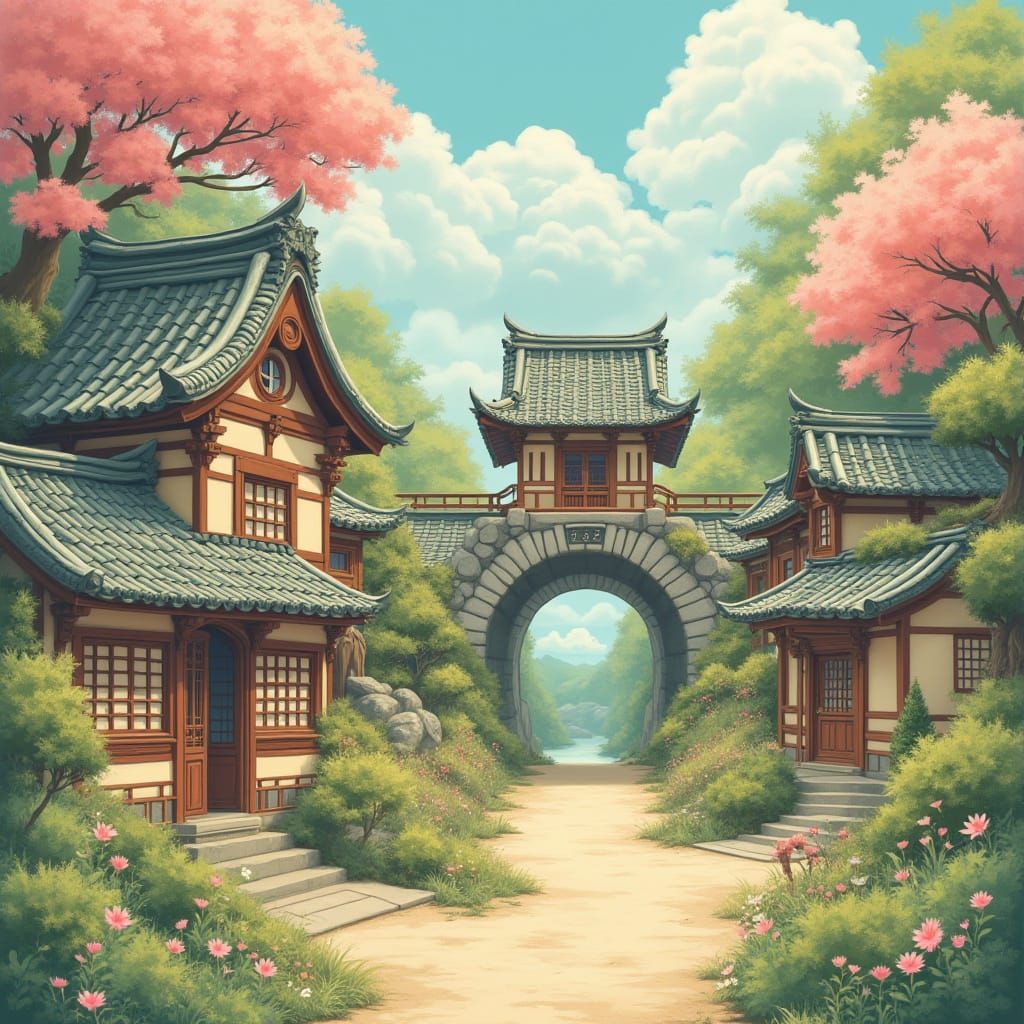 Whimsical Studio Ghibli-Inspired Landscape with Traditional ...