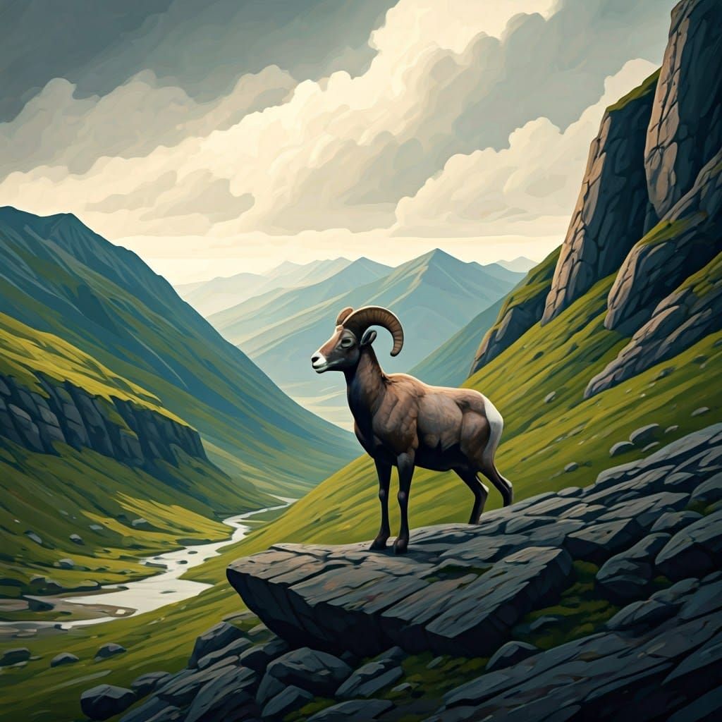 Dramatic Ram on Mountain Slope in Earth Tones