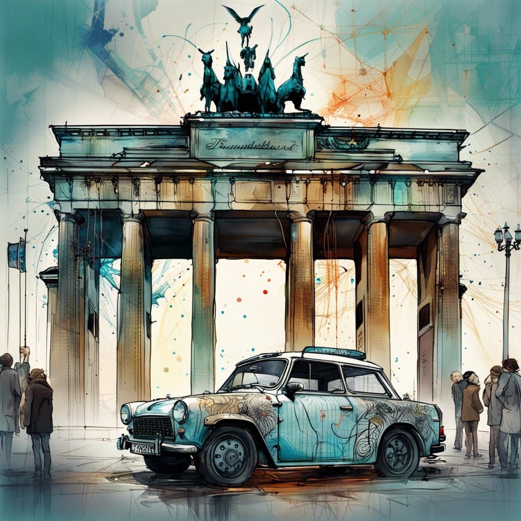 Trabant at Brandenburg Gate, Hyperrealistic Illustration