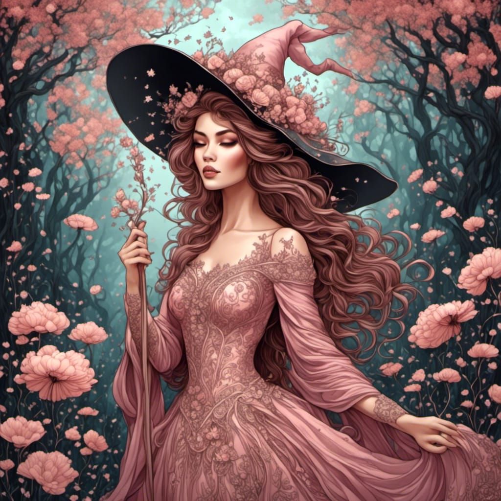 Beautiful Witch in Rose Colors, Ink Art
