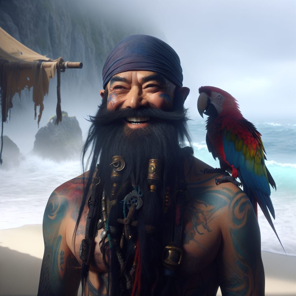 Dwarf Pirate Warlock with Macaw in Ethereal Scene
