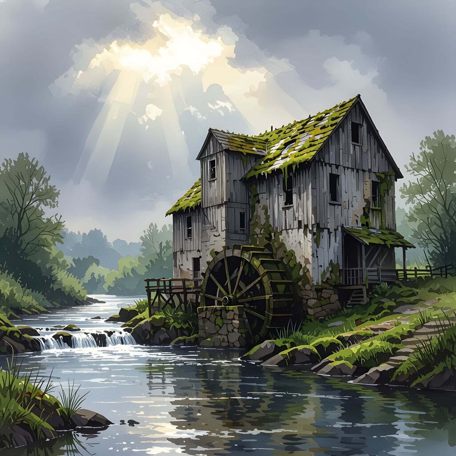 Ramshackle Water Mill by Riverbank in Watercolour