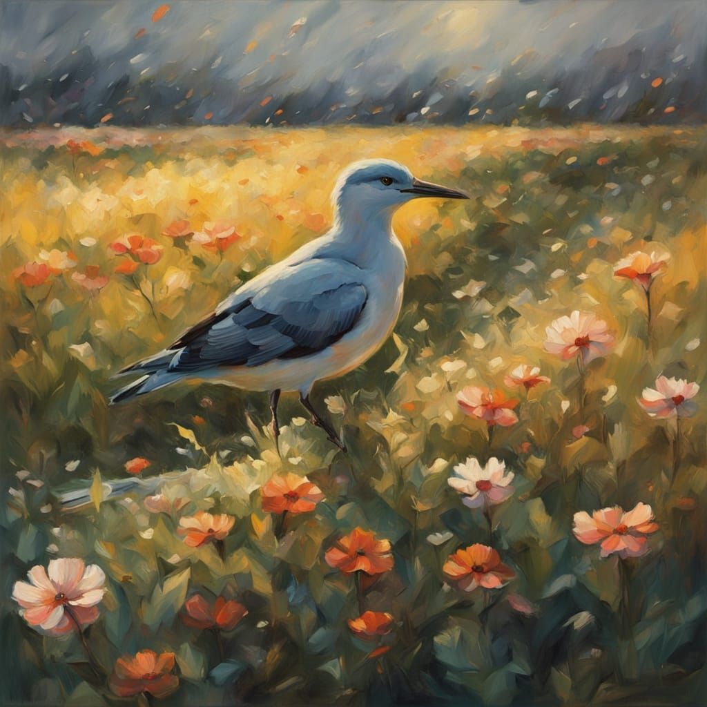 Sea-Bird Sings Over Shifting Meadows In Impressionist Oil St...