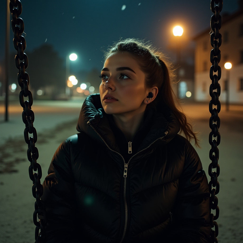 British Woman in Playpark at Night in Editorial Style
