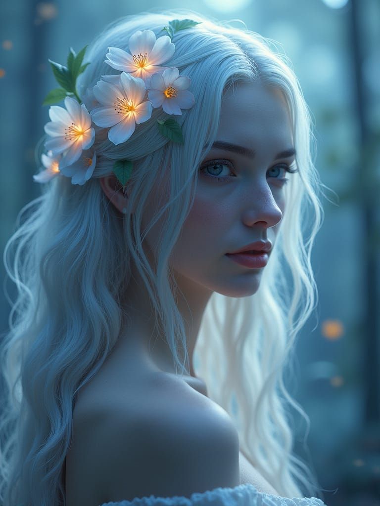 Ethereal Woman with Bioluminescent Flowers in Misty Forest