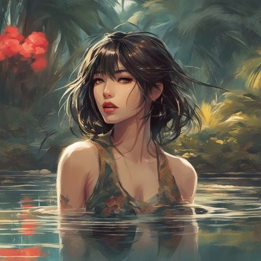 Beautiful Japanese Girl Swimming in Pond, Royo Style